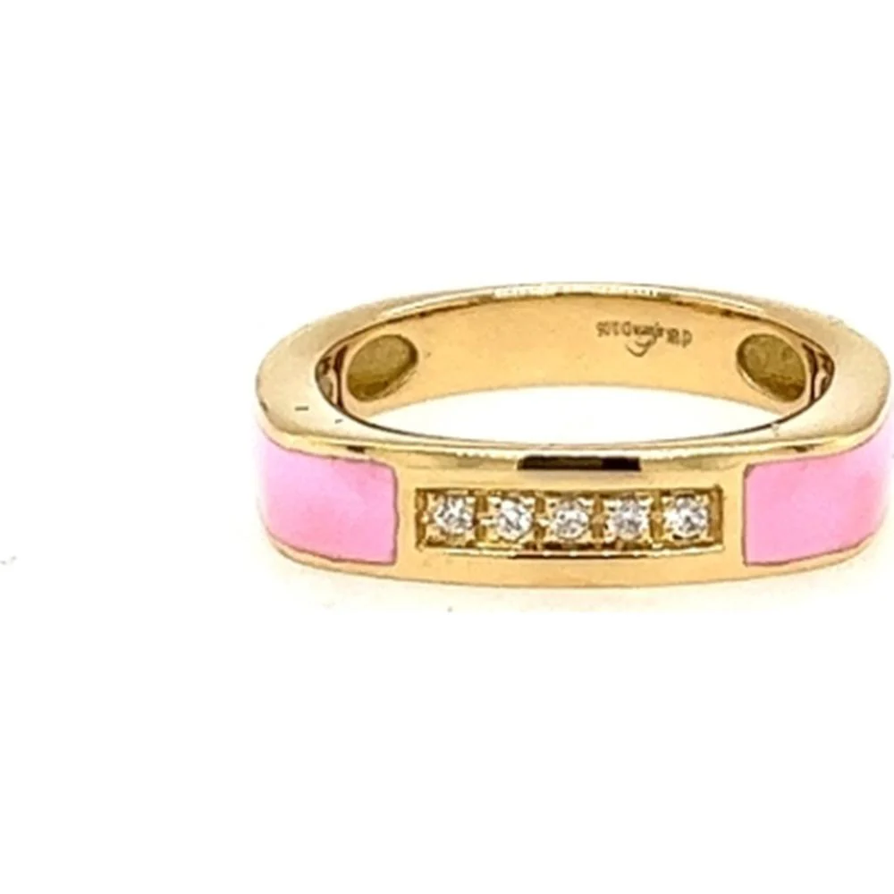 18K Yellow Gold Pink Enamel Band Ring with Round Diamonds by Afarin