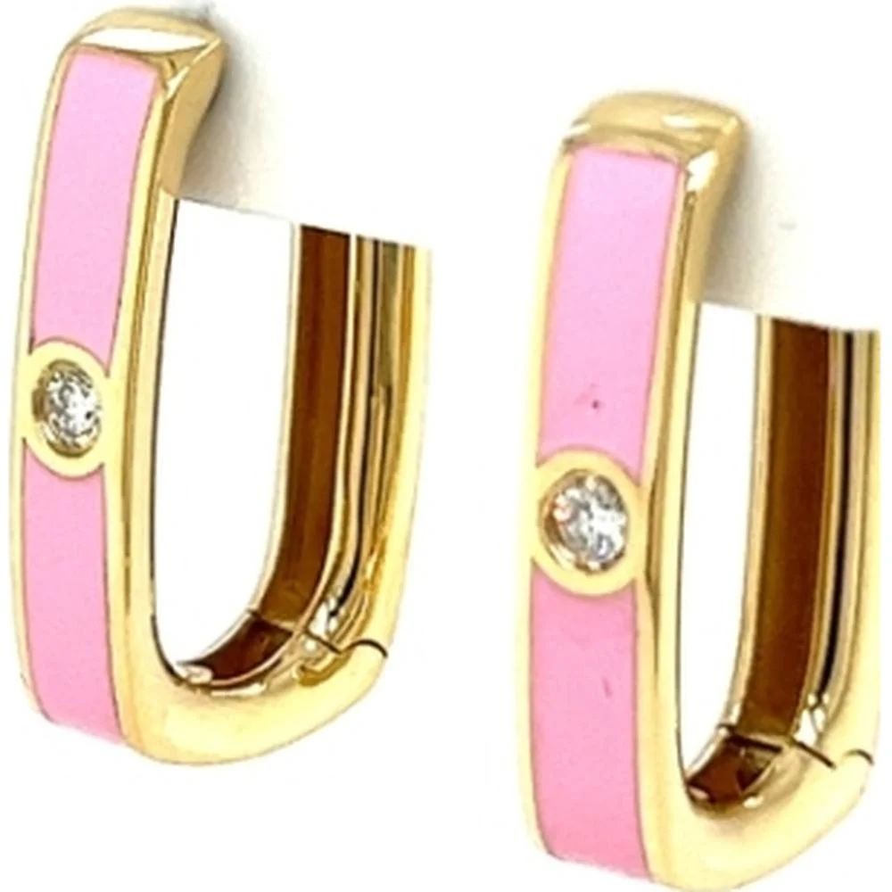 18K Yellow Gold Pink Enamel Huggie Earrings with Round Diamond Accents by Afarin