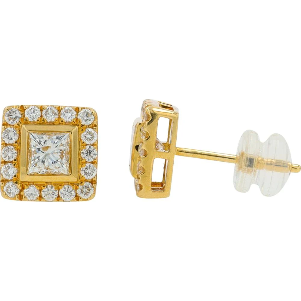 18K Yellow Gold Princess Cut Diamond Stud Earrings with Halo Accents - 1.36 Carat Total Diamond Weight - Image 2