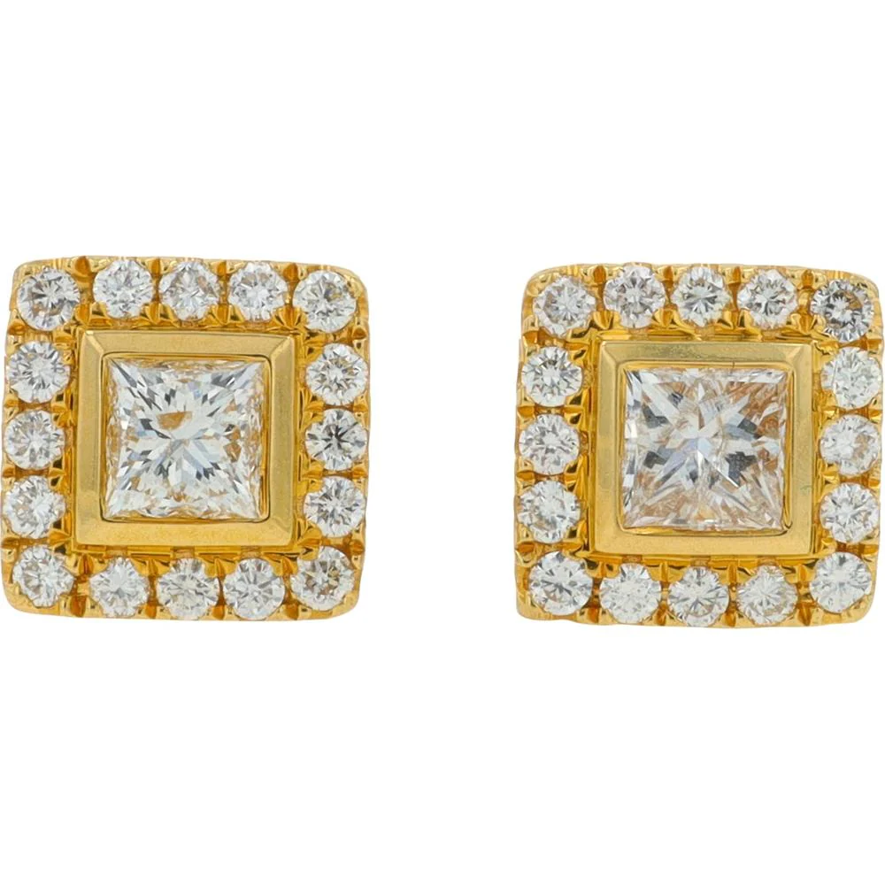 18K Yellow Gold Princess Cut Diamond Stud Earrings with Round Halo - 1.37 Carat Total Diamond Weight