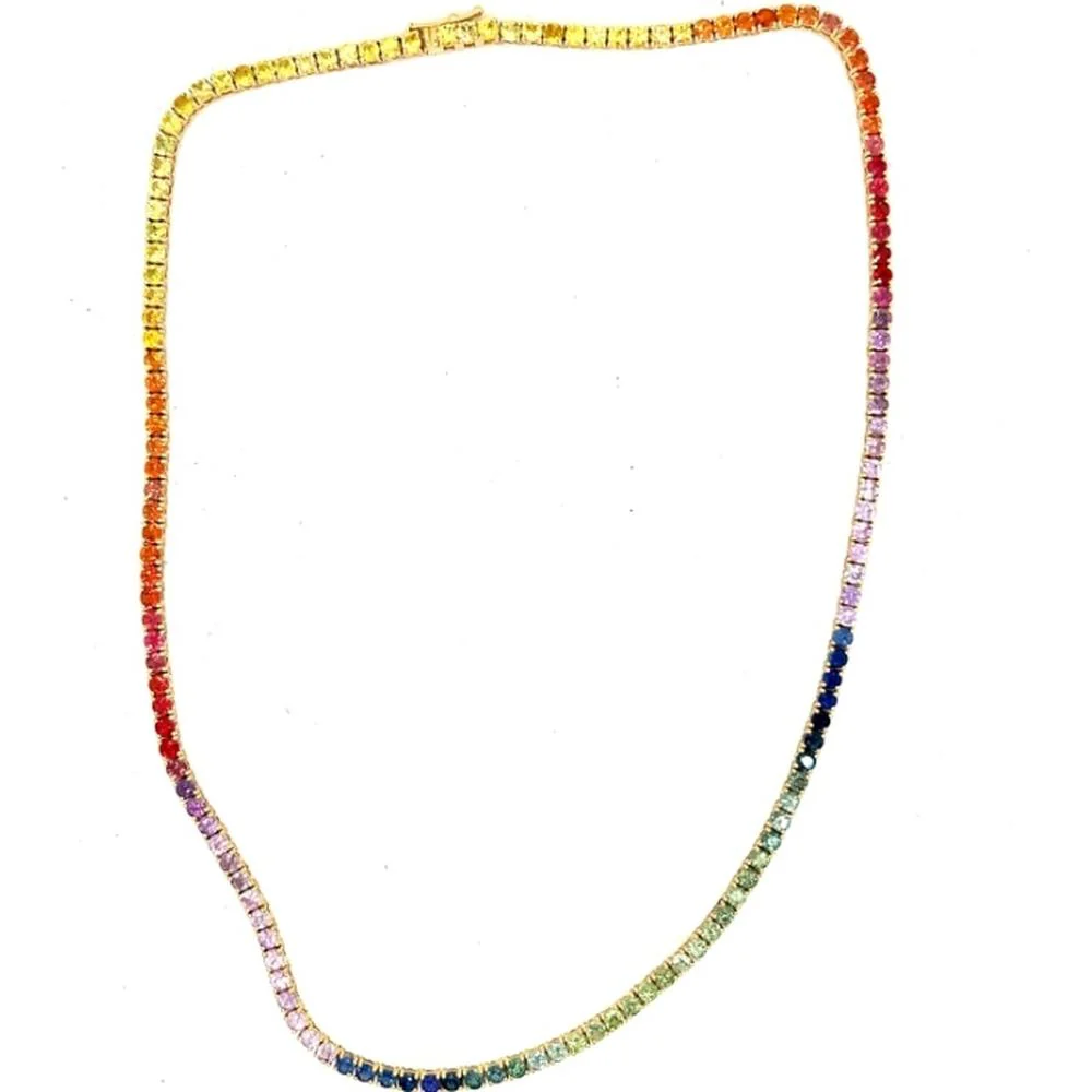 18K Yellow Gold Rainbow Multi Sapphire Tennis Necklace by Afarin