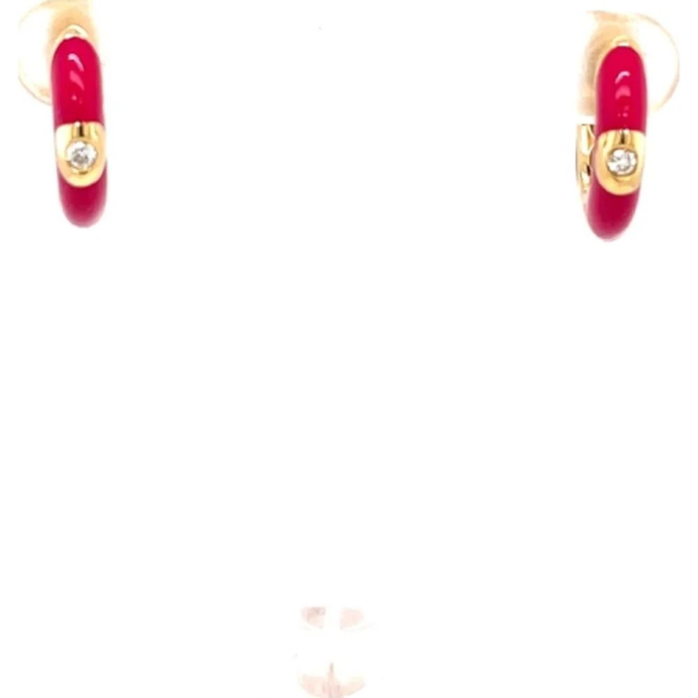 18K Yellow Gold Red Enamel Huggie Earrings with Round Diamond Accents by Afarin