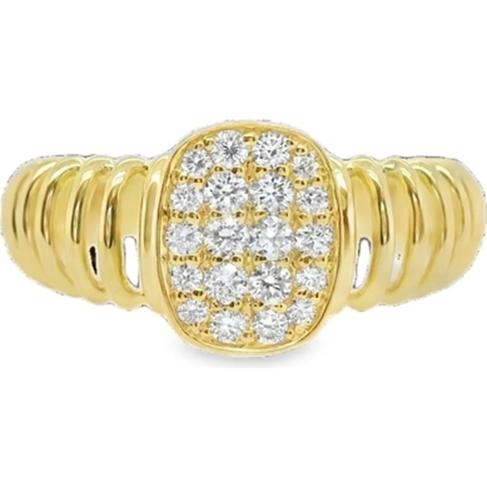 18K Yellow Gold Ribbed Diamond Ring with Pavé Set Round Diamonds by Afarin
