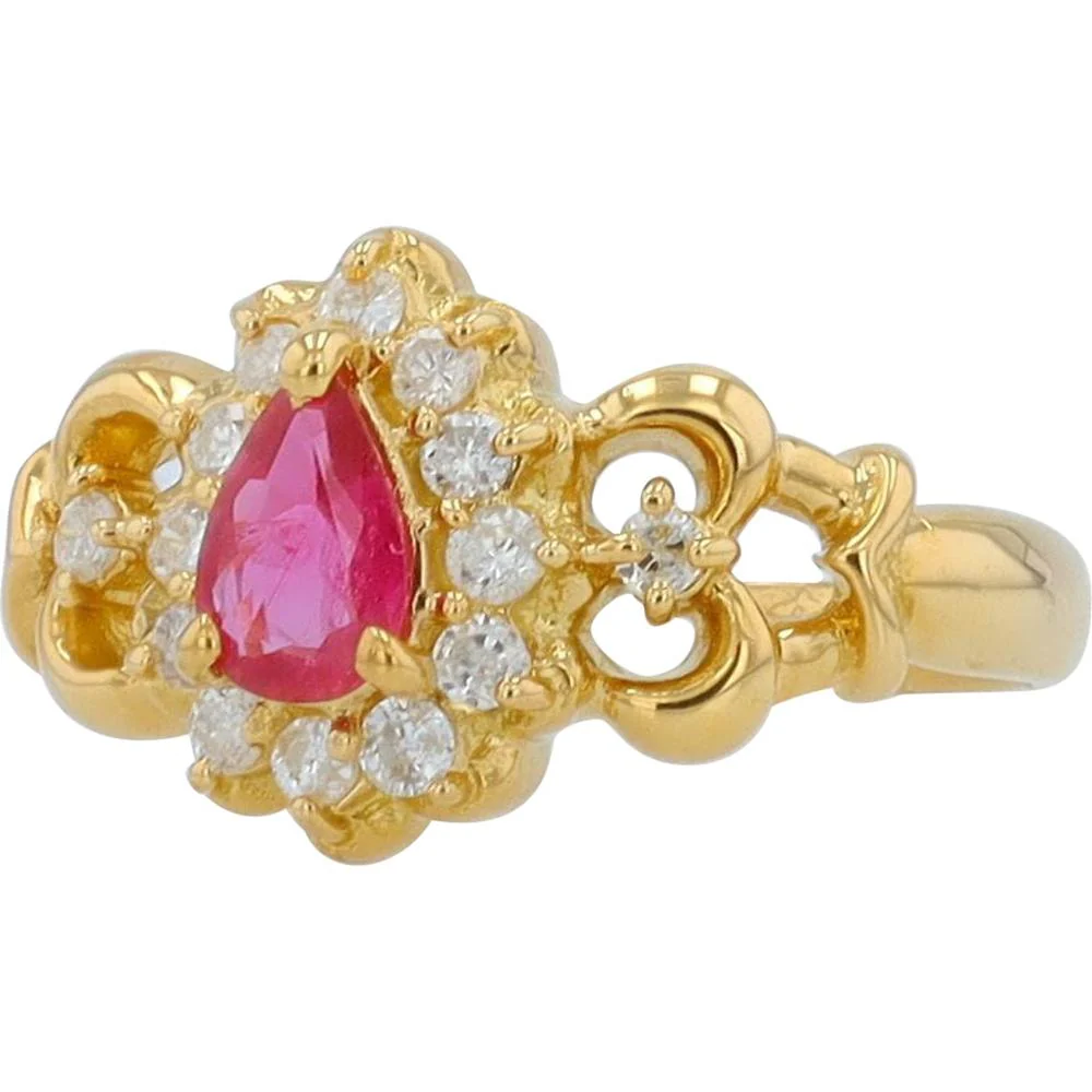 18K Yellow Gold Ring with 0.40 Carat Pear - Shaped Ruby and 0.20 Carat Diamond Halo - Image 2