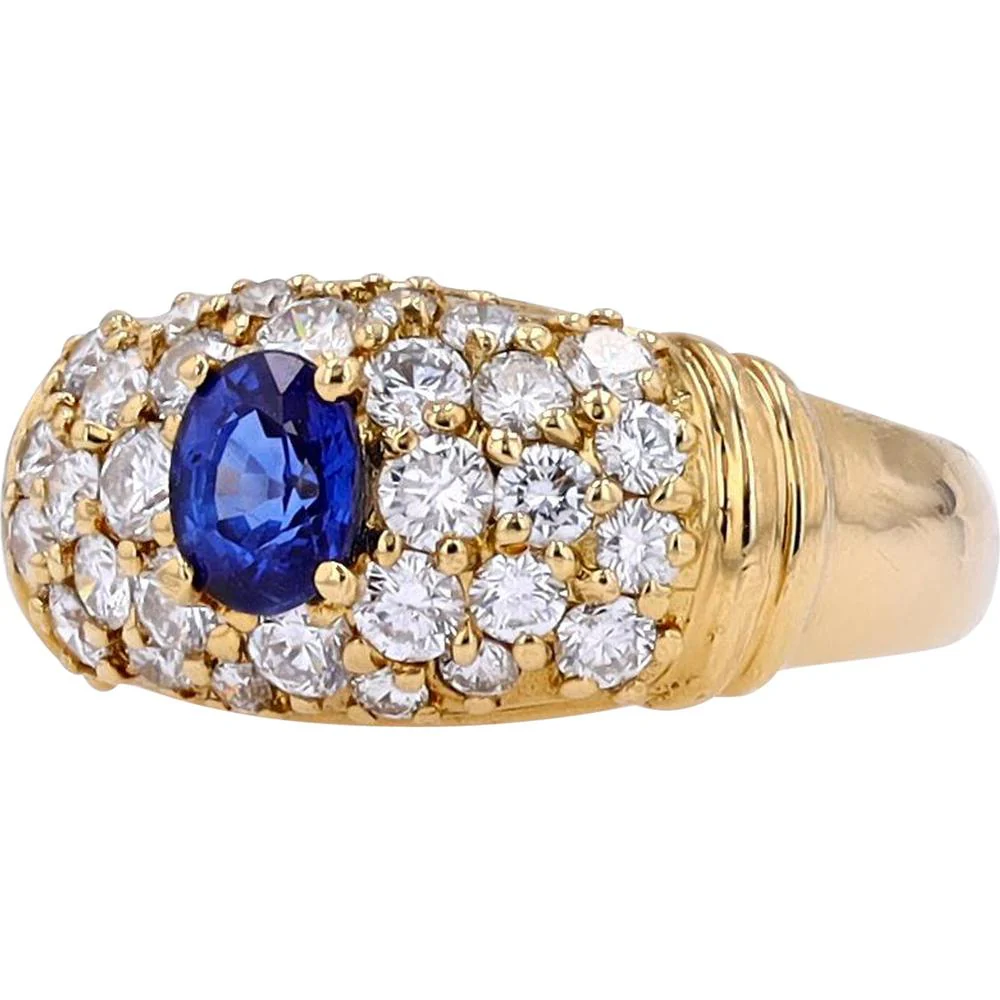 18K Yellow Gold Ring with 0.60 Carat Oval Sapphire Center and 0.95 Carat Round Diamond Cluster - Image 2