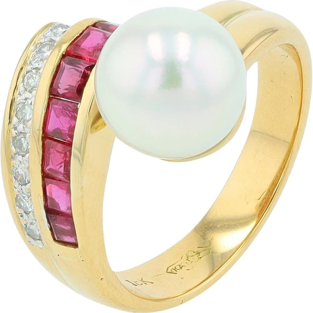 18K Yellow Gold Ring with 8.5mm Pearl Center, 0.68 Carat Ruby Accents and 0.12 Carat Diamond Detailing