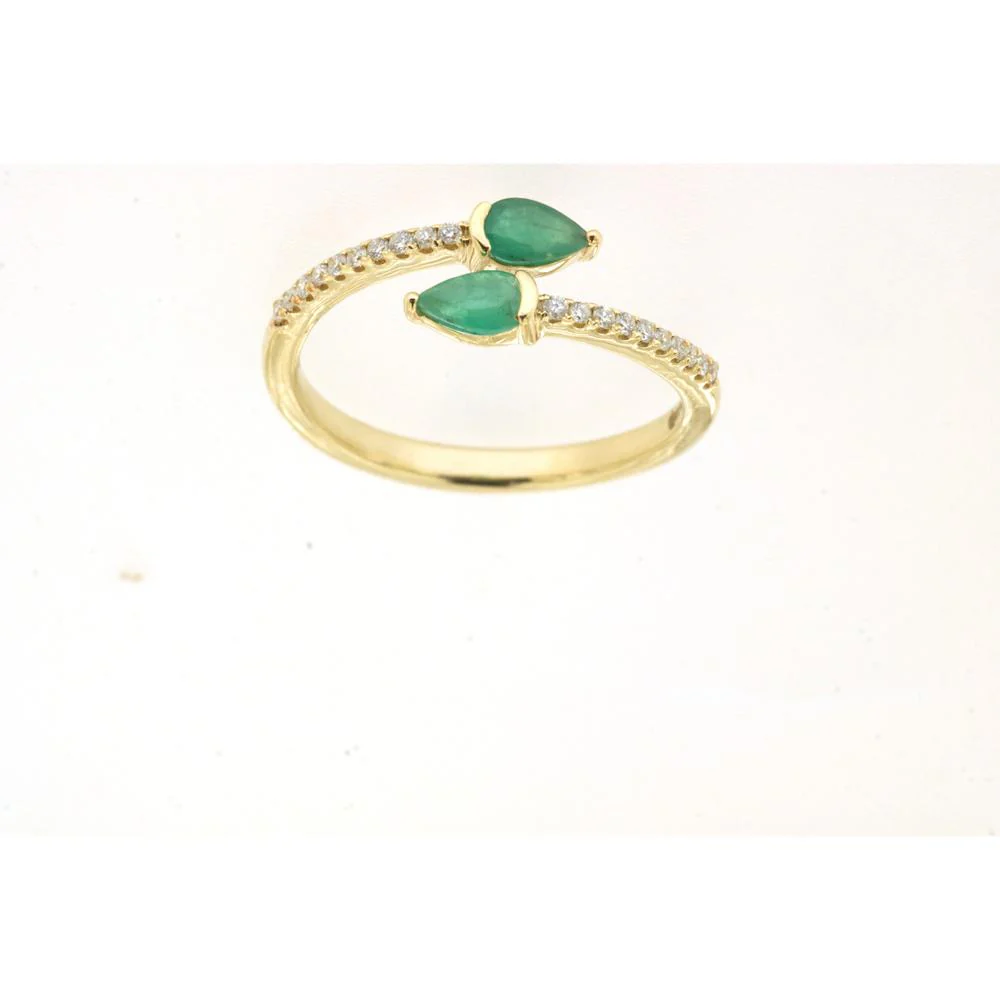 18K Yellow Gold Ring with Pear-Shaped Emeralds and Diamond Accents - 0.57 Carats Total Gem Weight - Royal Jewelry