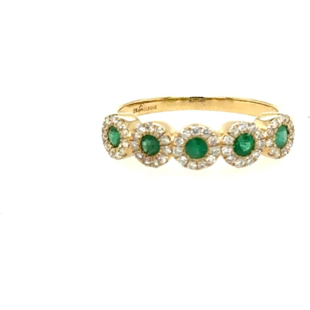 18K Yellow Gold Ring with Round Emeralds and Diamond Halo Design by Afarin
