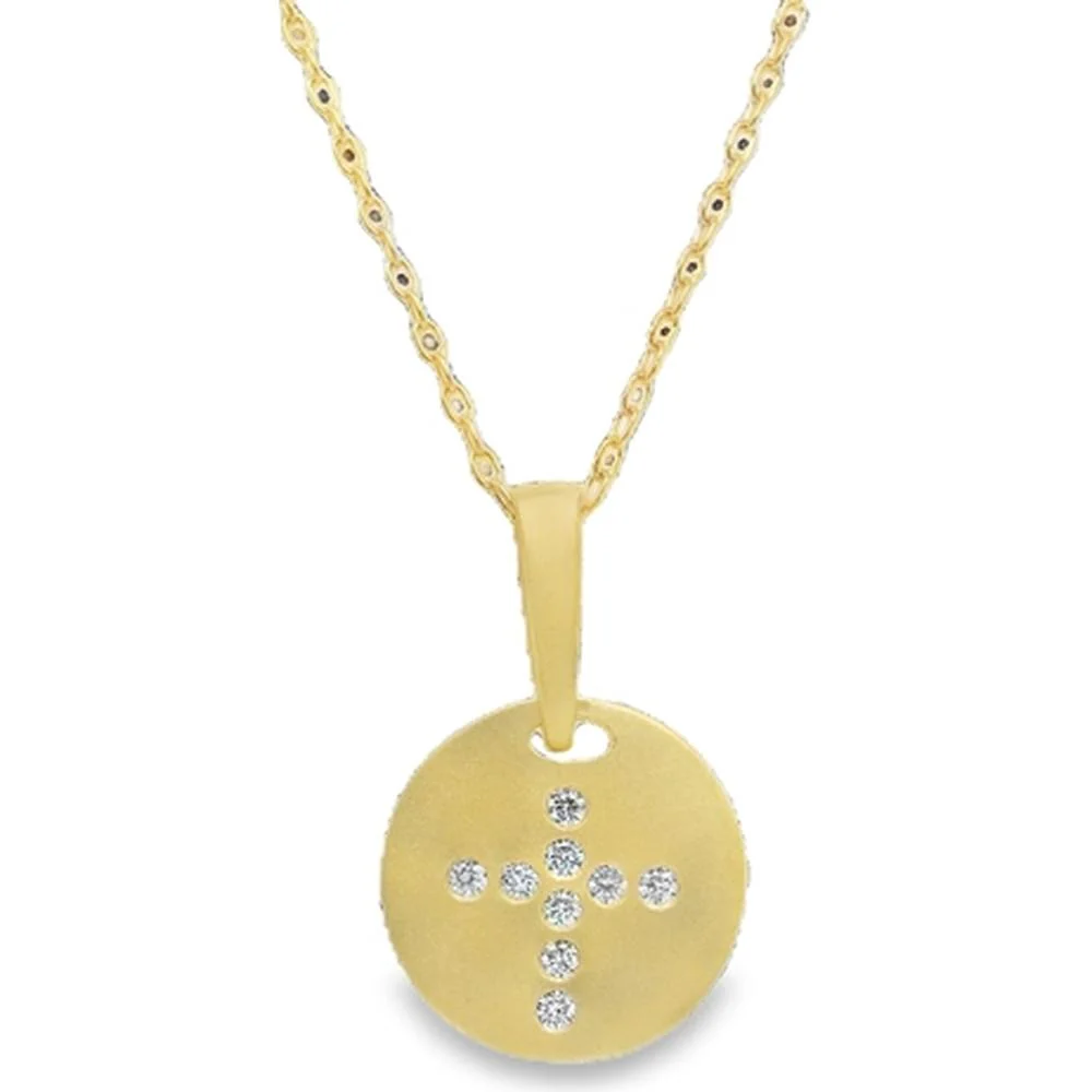 18K Yellow Gold Round Diamond Cross Motif Disc Pendant Necklace by Afarin