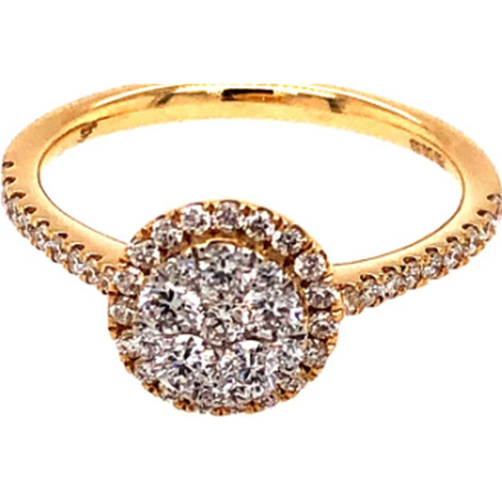 18K Yellow Gold Round Diamond Halo Ring with Pavé Diamond Band by Afarin