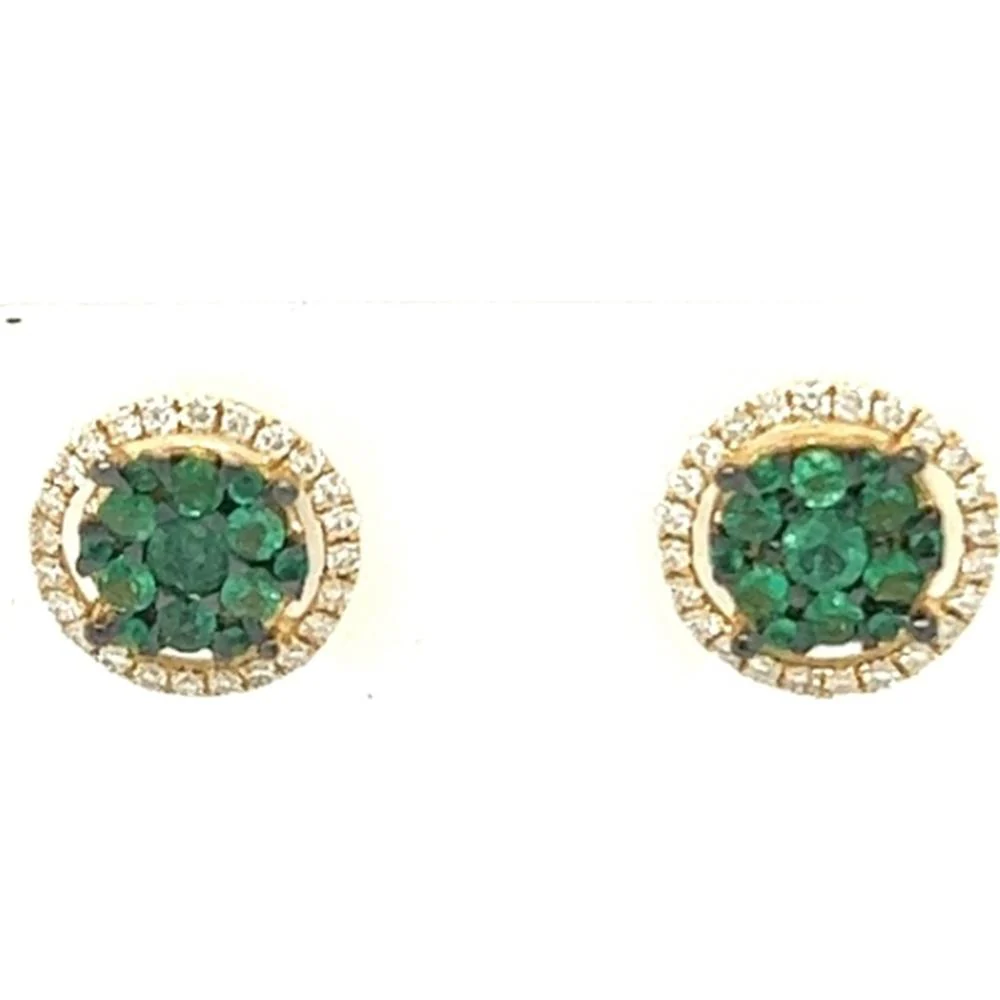 18K Yellow Gold Round Emerald Cluster Stud Earrings with Diamond Halo by Afarin