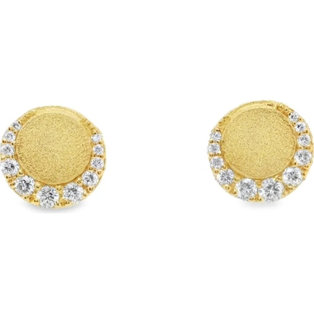 18K Yellow Gold Round Stud Earrings with Textured Disc Design and Round Diamonds by Afarin