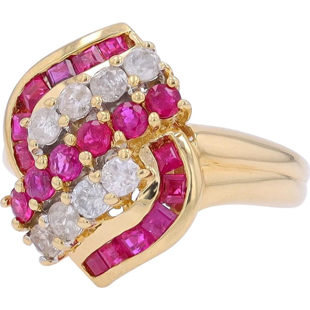 18K Yellow Gold Ruby and Diamond Swirl Ring - 1.35 Carat Ruby, 0.57 Carat Diamonds - Image 2