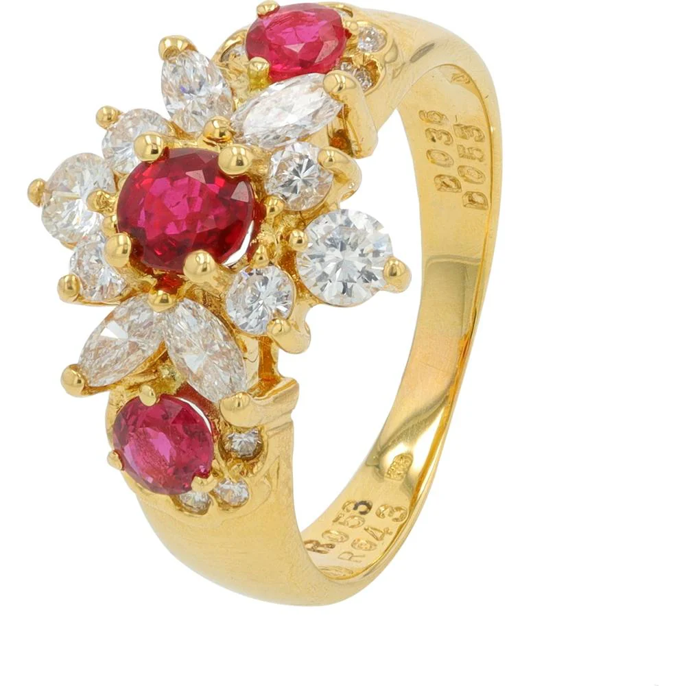 18K Yellow Gold Ruby Ring with 0.96 Carat Rubies and 0.83 Carat Diamond Halo