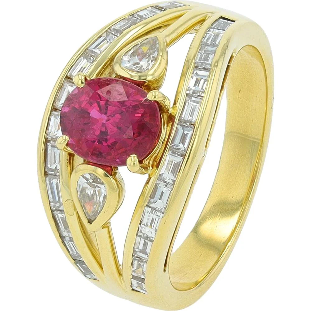 18K Yellow Gold Ruby Ring with Baguette Diamond Accents - 1.21 Carat Total Ruby Weight, 0.85 Carat Total Diamond Weight