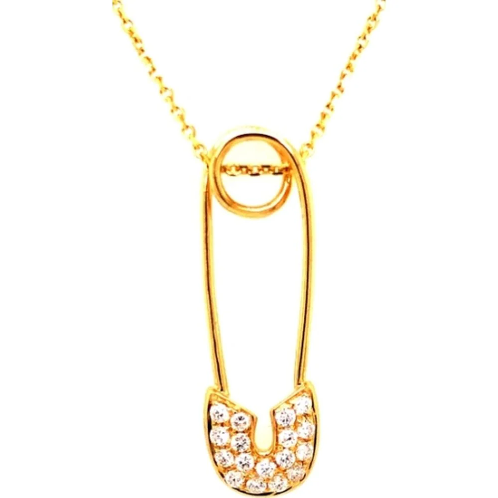 18K Yellow Gold Safety Pin Pendant Necklace with Round Diamonds by Afarin