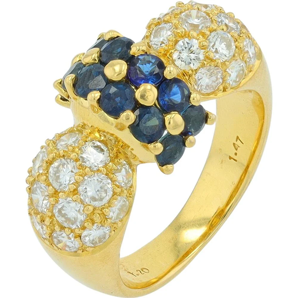 18K Yellow Gold Sapphire Cluster Ring with 1.47 Carat Total Sapphires and 1.20 Carat Total Diamond Halo
