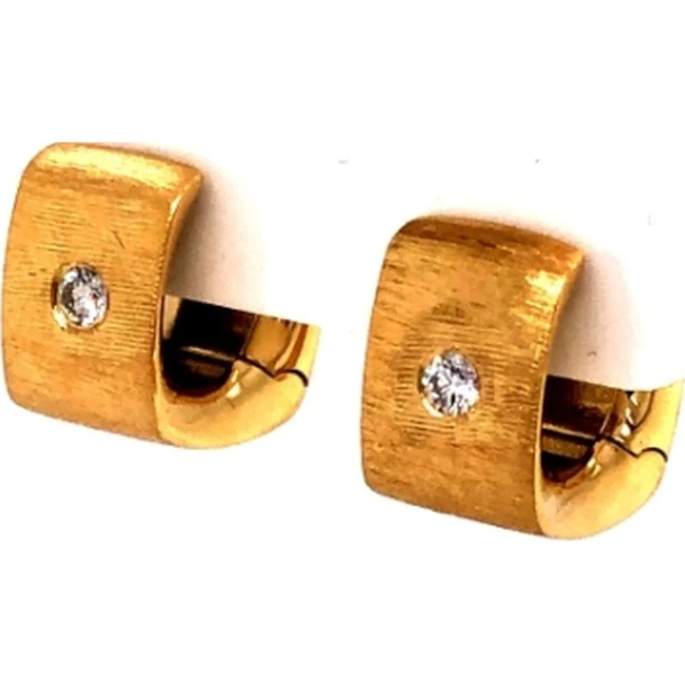 18K Yellow Gold Satin Finish Huggie Earrings with Flush-Set Round Diamonds by Afarin