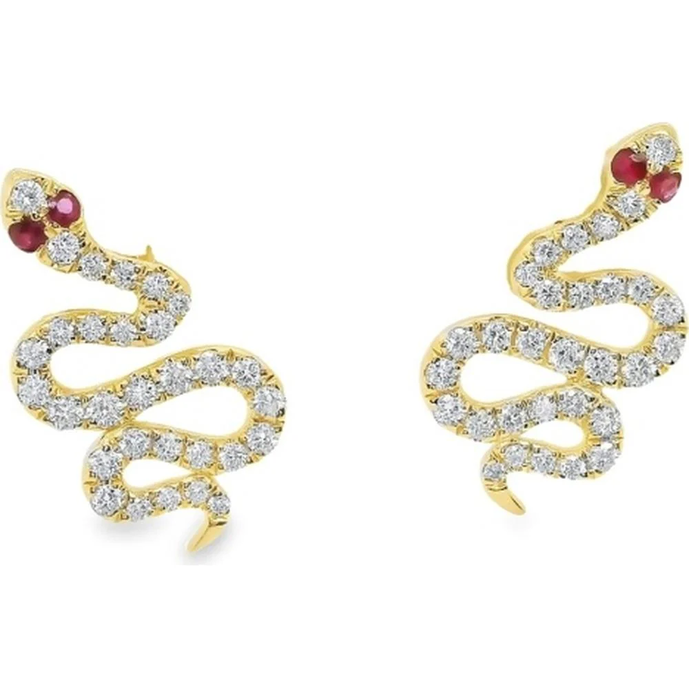 18K Yellow Gold Serpent Motif Earrings with Round Diamonds and Ruby Accents by Afarin