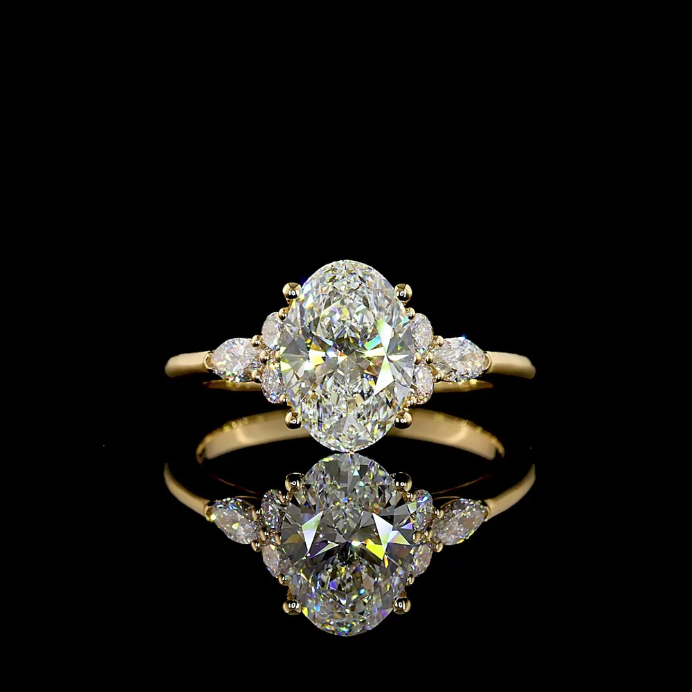 18K Yellow Gold Special Ring with 2.02 Carat Oval Cut Lab Diamond and Marquise and Round Side Stones - 2.43 Carat Total Diamond Weight - Covaloro Fine Jewelry