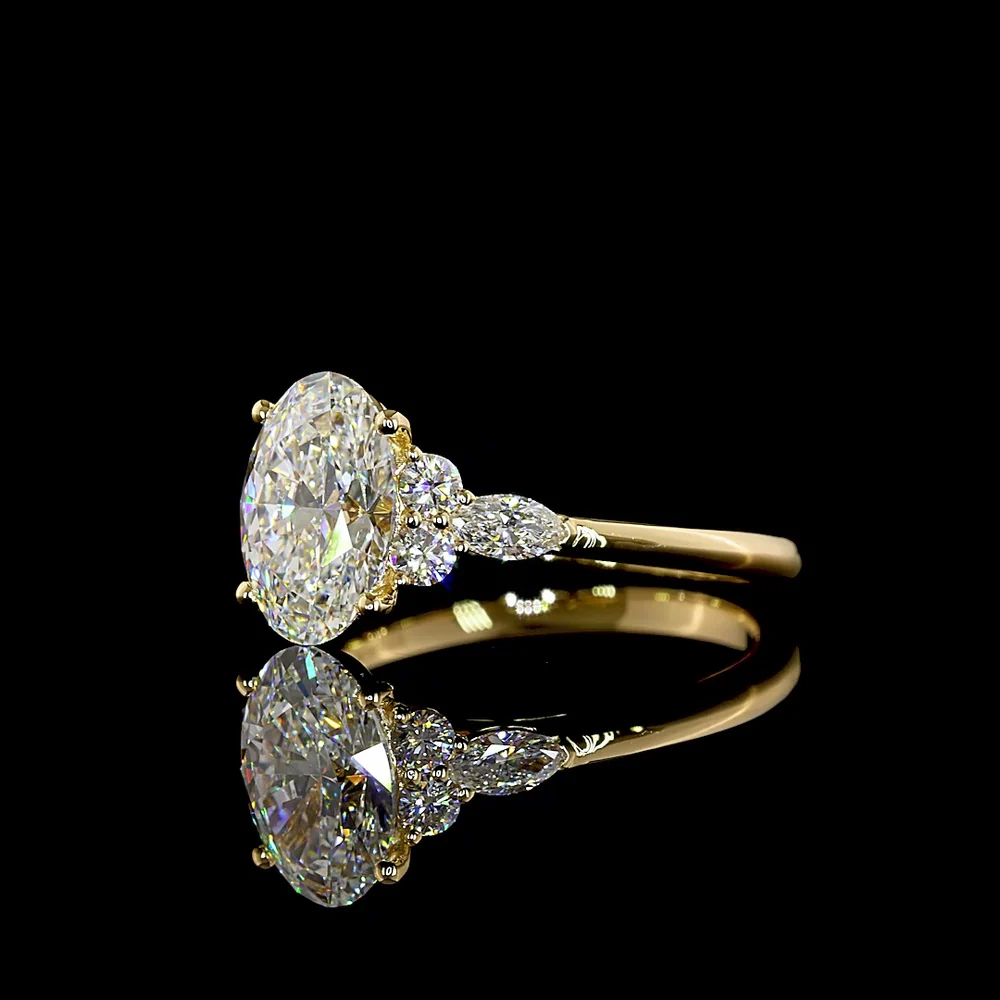 18K Yellow Gold Special Ring with 2.02 Carat Oval Cut Lab Diamond and Marquise and Round Side Stones - 2.43 Carat Total Diamond Weight - Covaloro Fine Jewelry - Image 3