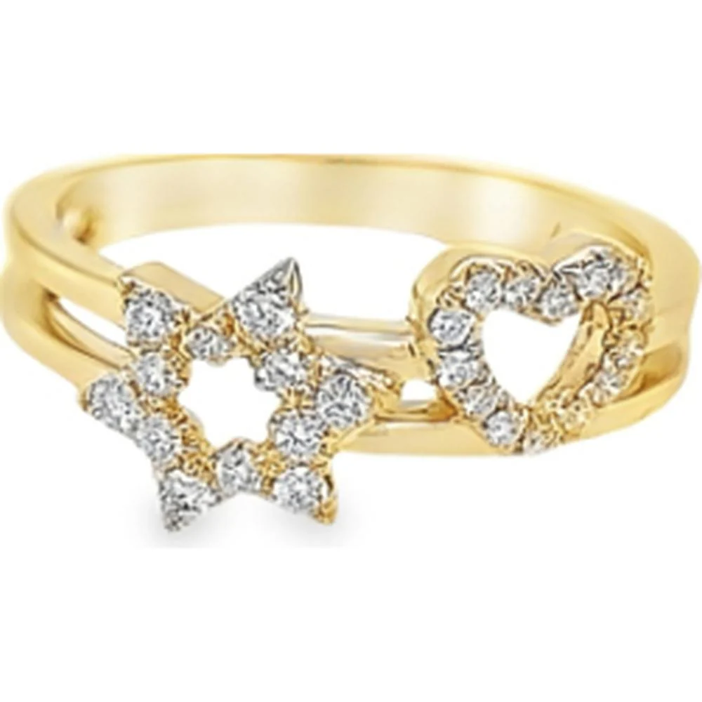 18K Yellow Gold Split Band Ring with Diamond Open Heart and Star Motifs by Afarin