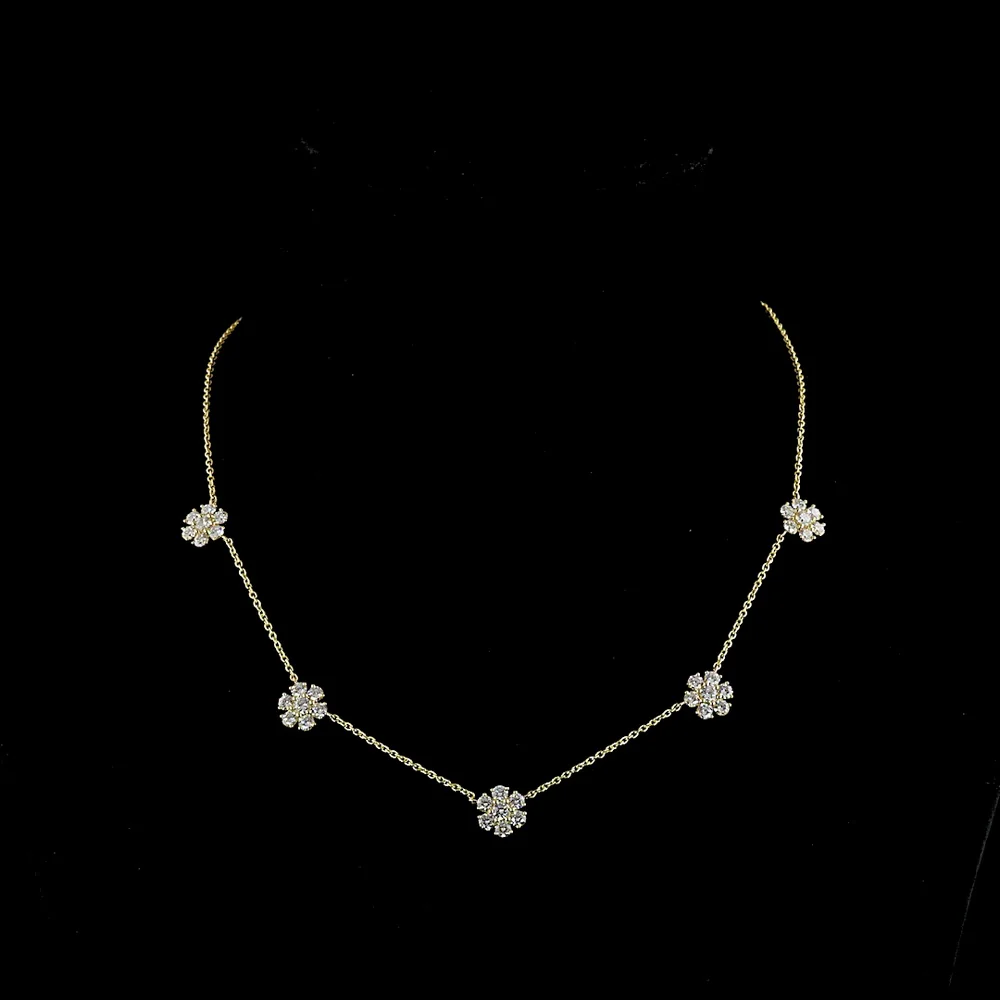 18K Yellow Gold Station Necklace with 2.9 Carat Lab Grown Round Brilliant Cut Diamonds - E-F Color, VS1 Clarity Floral Motif - Covaloro Fine Jewelry