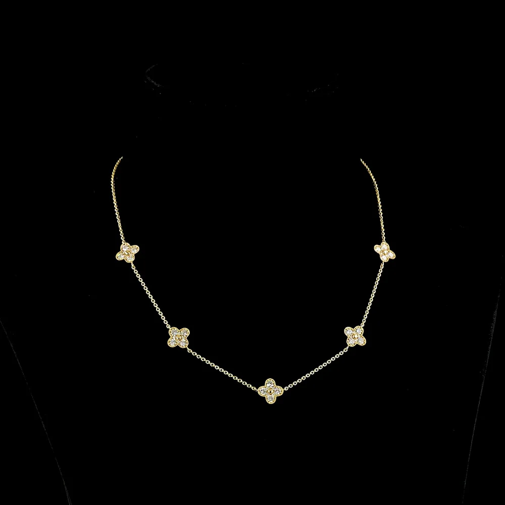 18K Yellow Gold Station Necklace with Round Lab-Grown Diamond Floral Motifs - 1.73 Carat Total Diamond Weight, E-F VS Clarity - Covaloro Fine Jewelry