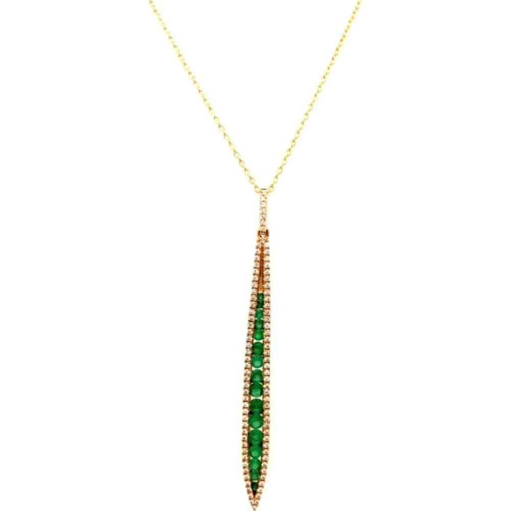 18K Yellow Gold Tapered Pendant Necklace with Round Emeralds and Diamond Accents by Afarin