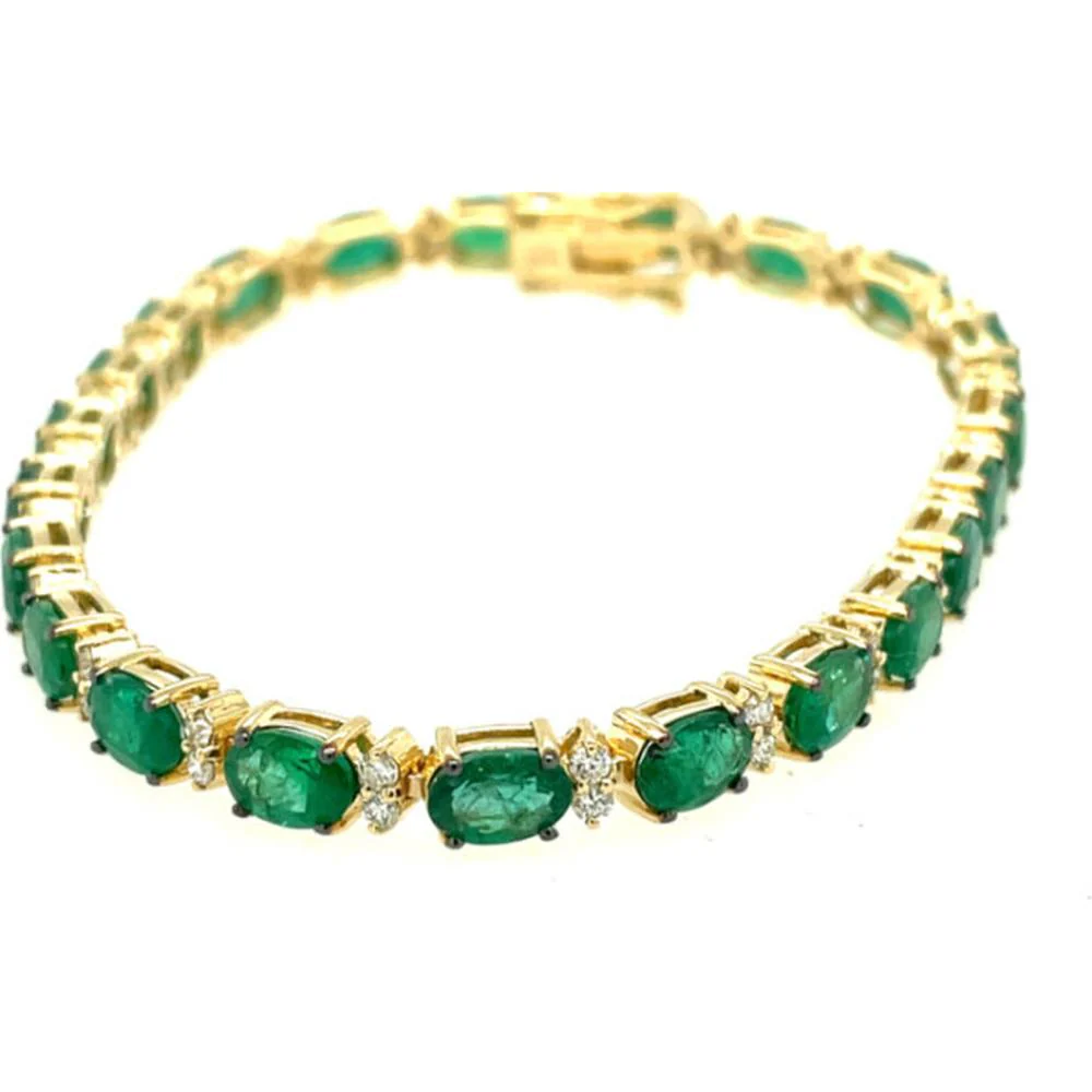 18K Yellow Gold Tennis Bracelet with Oval Emeralds and Diamond Accents by Afarin