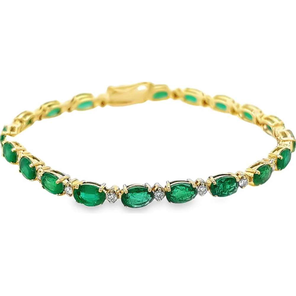 18K Yellow Gold Tennis Bracelet with Oval Emeralds and Round Diamond Accents by Afarin