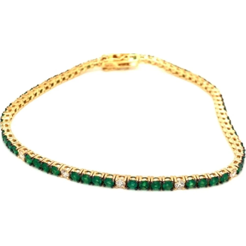 18K Yellow Gold Tennis Bracelet with Round Emeralds and Diamond Accents by Afarin