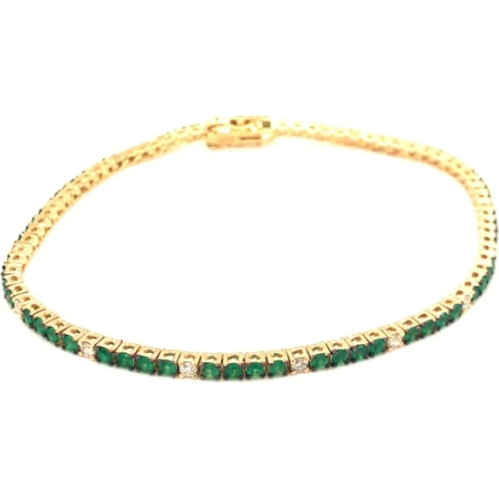 18K Yellow Gold Tennis Bracelet with Round Emeralds and Diamond Accents by Afarin