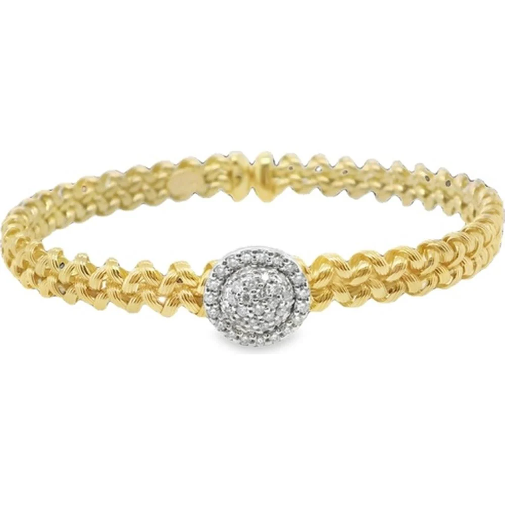 18K Yellow Gold Textured Bangle Bracelet with Round Diamond Center by Afarin