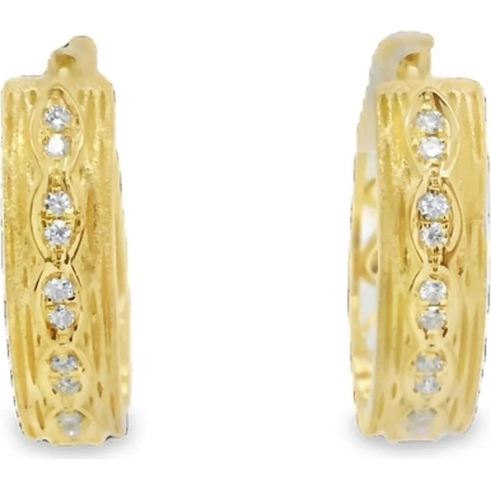 18K Yellow Gold Textured Huggie Hoop Earrings with Round Diamonds by Afarin