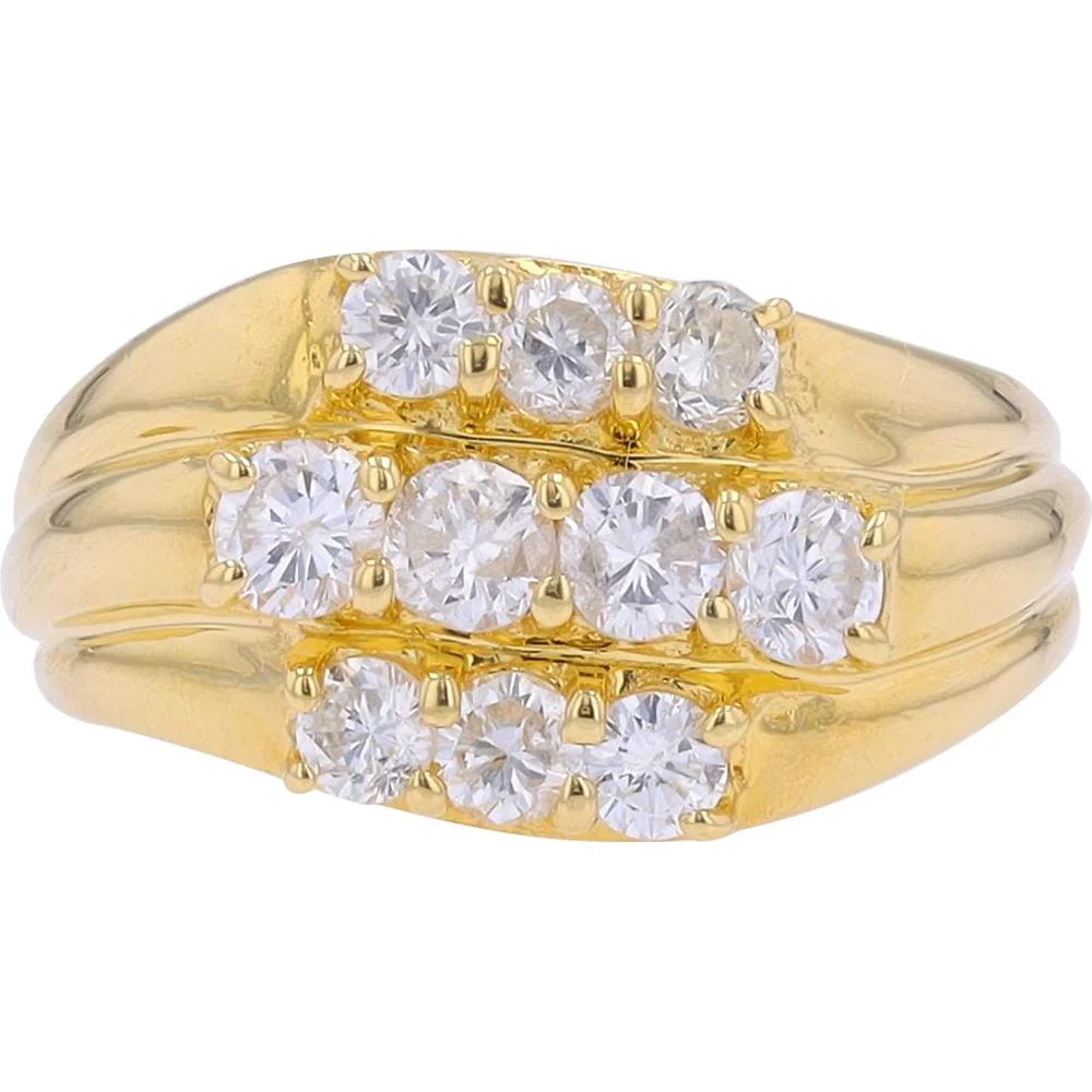 18K Yellow Gold Three Row Ring with Prong Set Round Diamonds - 1.10 Carat Total Diamond Weight