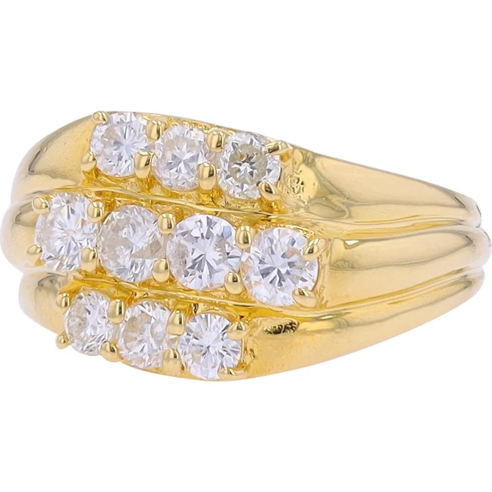 18K Yellow Gold Three Row Ring with Prong Set Round Diamonds - 1.10 Carat Total Diamond Weight - Image 2