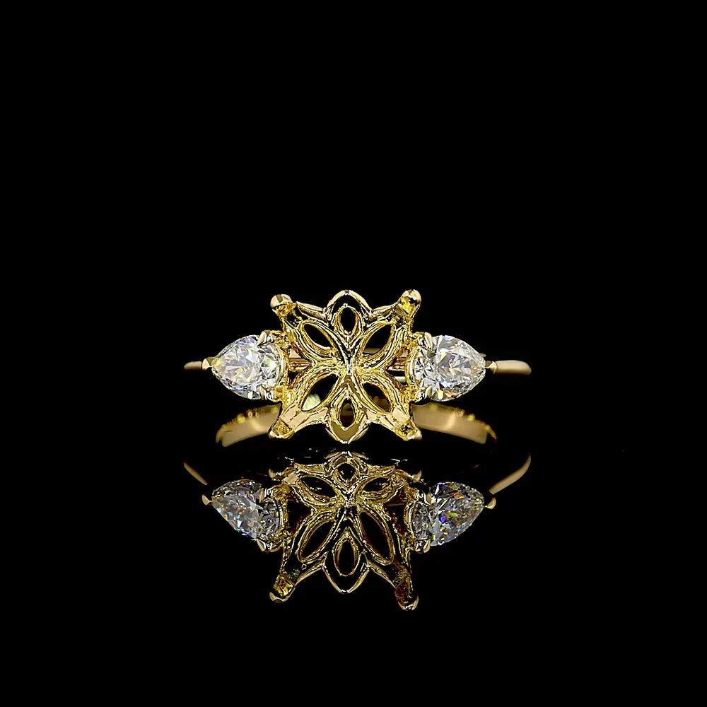 18K Yellow Gold Three-Stone Ring with 2.15 Carat Round Brilliant Lab Diamond (GIA D VVS2) and 0.41 Carat Pear Shape Lab Diamond Sides - 2.56 Carat Total Diamond Weight - Covaloro Fine Jewelry
