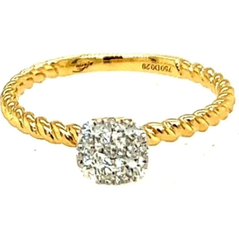 18K Yellow Gold Twisted Band Diamond Ring with Cushion-Shaped Diamond Center by Afarin
