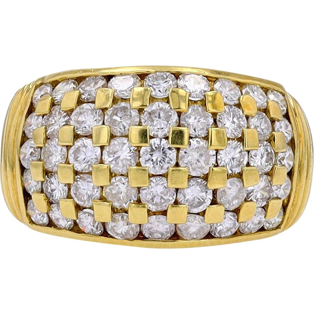 18K Yellow Gold Wide Band Ring with 2.05 Carats of Round Brilliant Diamonds - Checkerboard Design