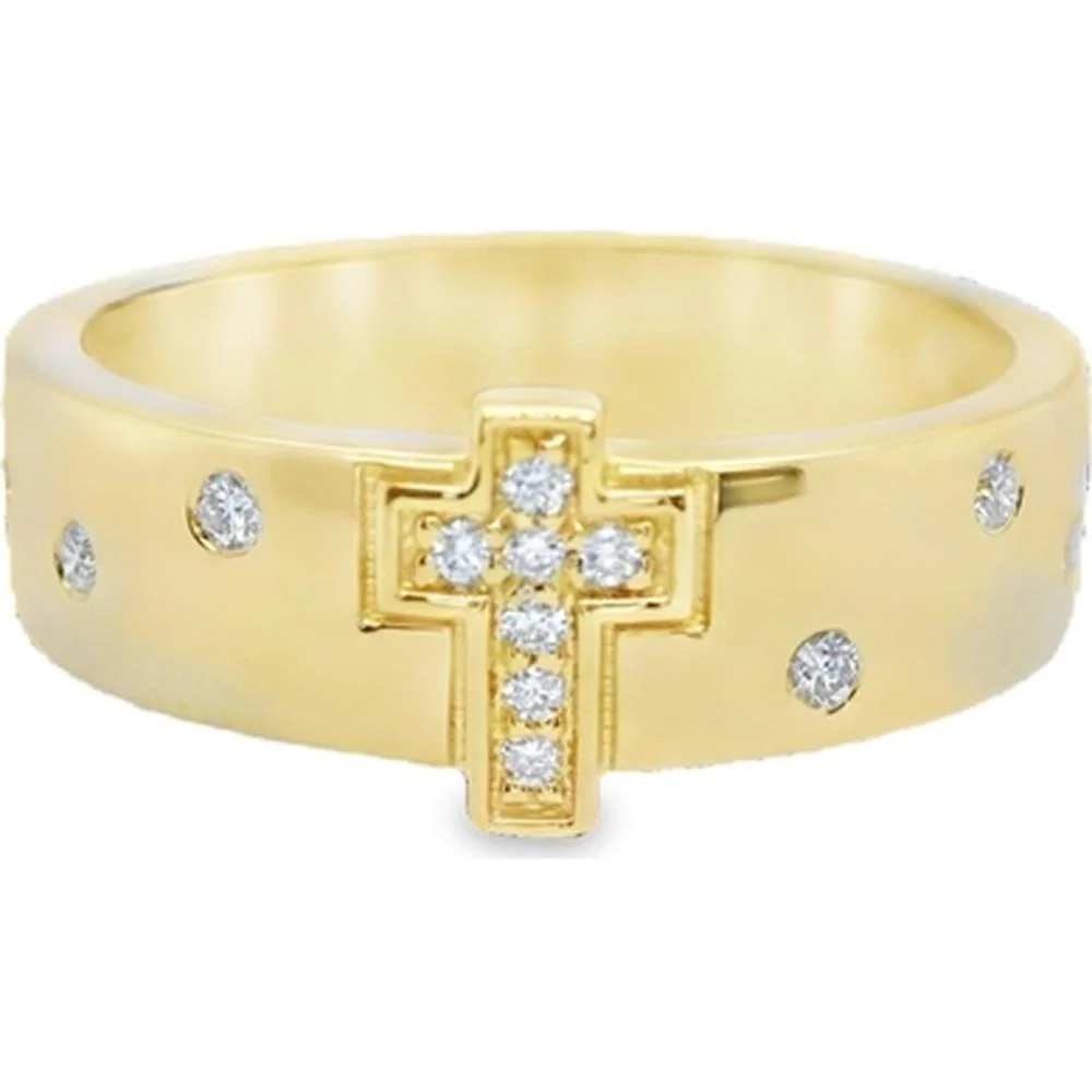 18K Yellow Gold Wide Band Ring with Diamond Cross Motif and Round Diamonds by Afarin