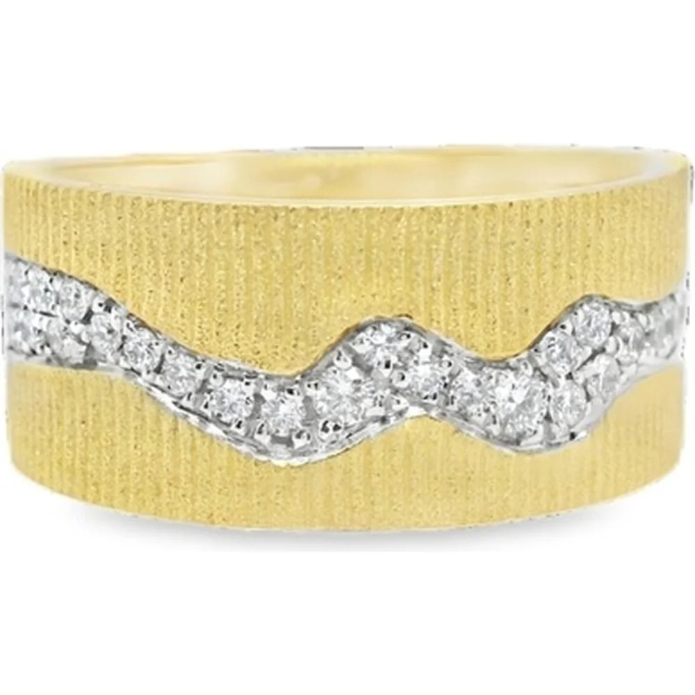18K Yellow Gold Wide Band Ring with Flowing Round Diamond Wave Accent by Afarin