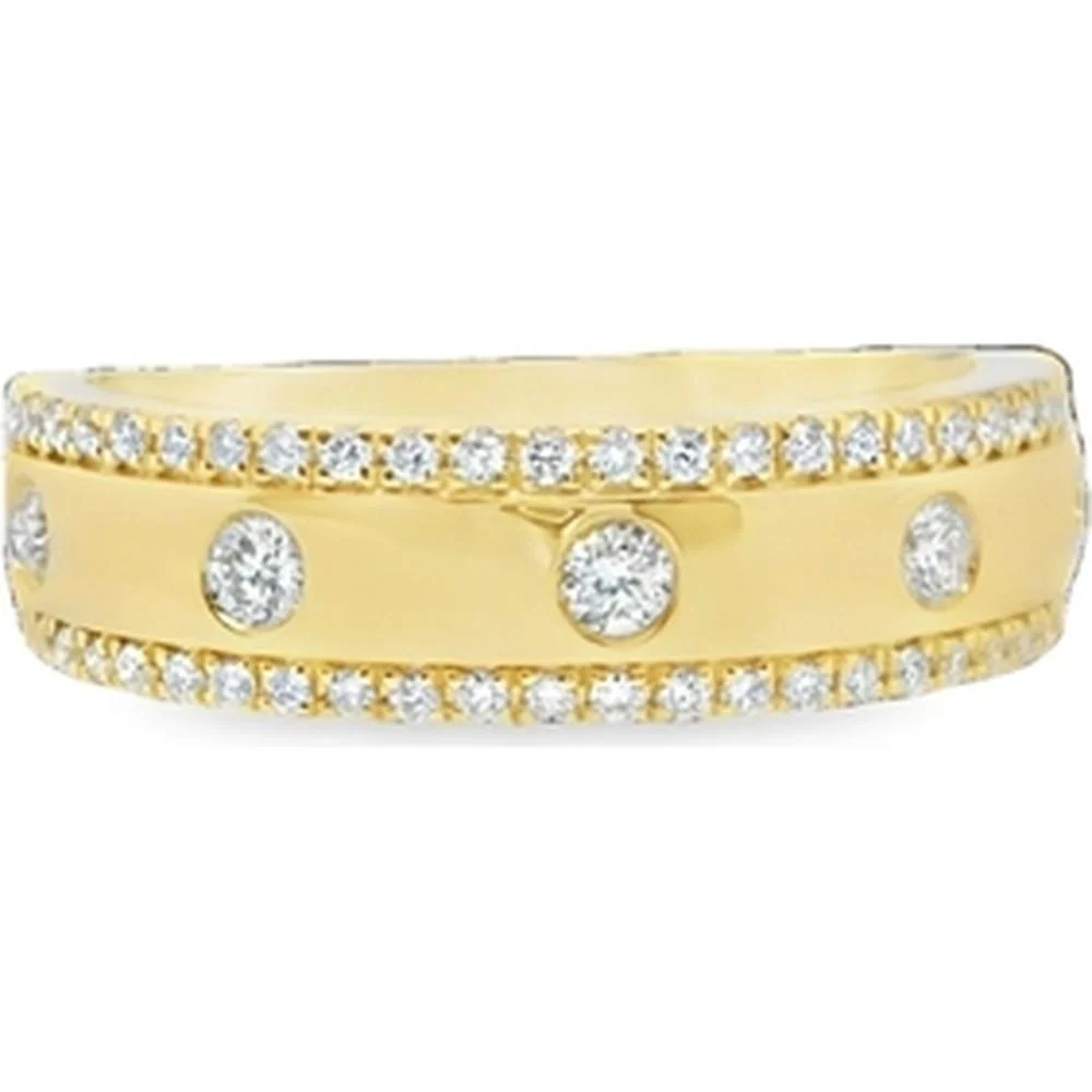 18K Yellow Gold Wide Diamond Band Ring with Bezel-Set Round Diamonds and Pavé Diamond Edges by Afarin