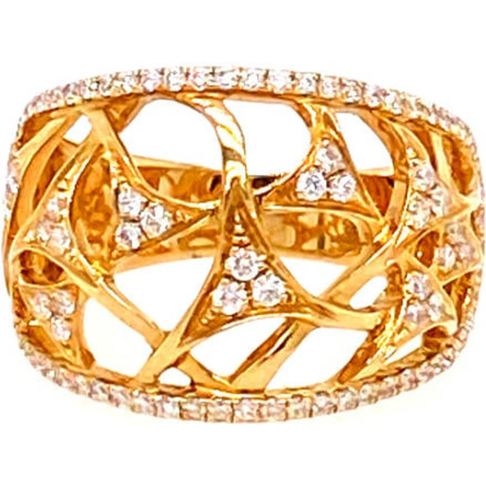 18K Yellow Gold Wide Openwork Diamond Statement Ring with Contemporary Free-Form Design by Afarin