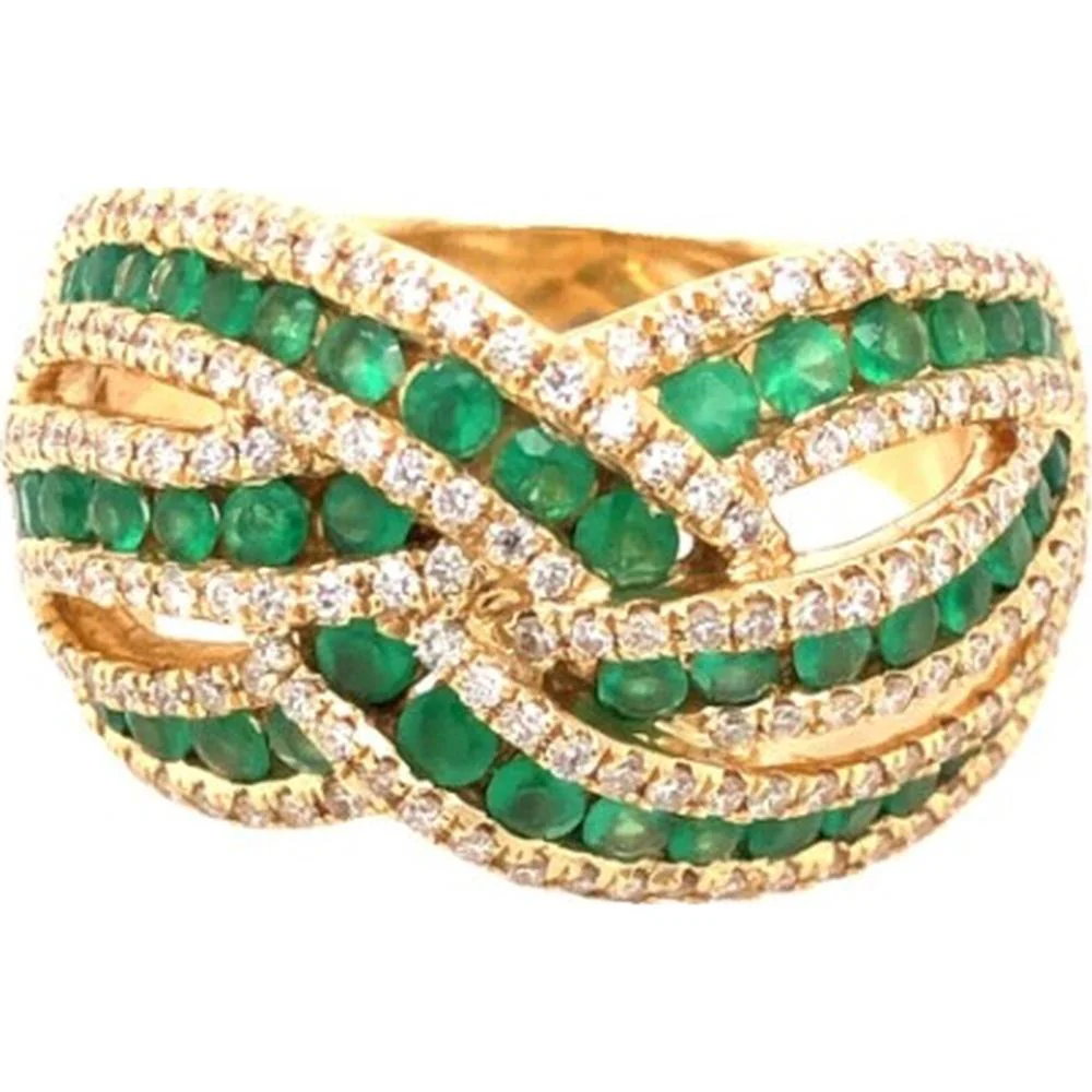 18K Yellow Gold Wide Openwork Ring with Round Emeralds and Diamond Accents by Afarin