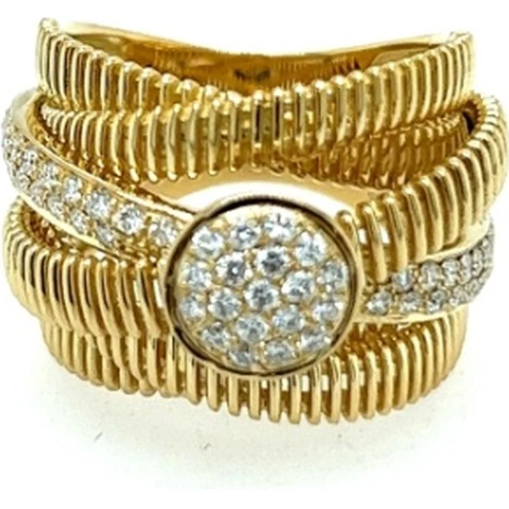 18K Yellow Gold Wide Ribbed Statement Ring with Round Diamond Cluster by Afarin