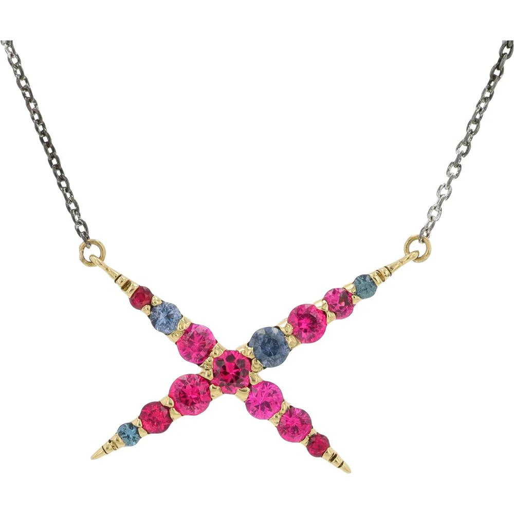 18K Yellow Gold "X" Pendant Necklace with Pink & Green Garnets - 0.344 Carat Total Garnet Weight