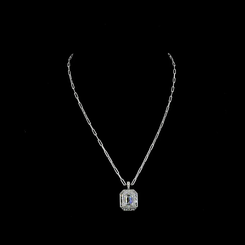 9K White Gold Pendant with 5.02 Carat Emerald Cut Lab Diamond and Mixed Shape Diamond Halo - 13.48 Carat Total Diamond Weight - Covaloro Fine Jewelry
