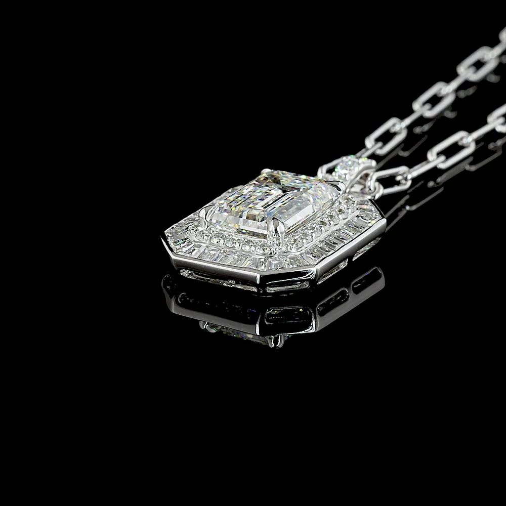 9K White Gold Pendant with 5.02 Carat Emerald Cut Lab Diamond and Mixed Shape Diamond Halo - 13.48 Carat Total Diamond Weight - Covaloro Fine Jewelry - Image 4