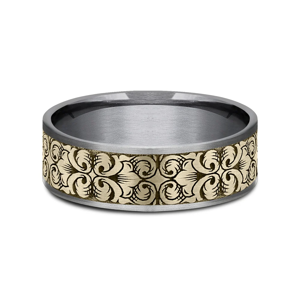 Border Script Men's Wedding Band in Grey Tantalum and 14K Yellow Gold - 7.5mm Width by Ammara Stone - Image 3